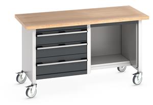 Bott Cubio Mobile Storage Workbench 1500mm wide x 750mm Deep x 840mm high supplied with a Multiplex (layered beech ply) worktop, 3 x Drawers (1 x 200mm & 2 x 150mm high)  and 1 x open section with 1/2 depth base shelf.... 1500mm Wide Mobile Moveable Industrial Storage Benches with Cupboards and Drawers